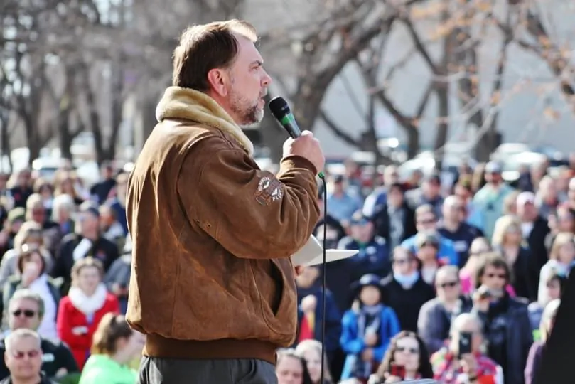 Artur Pawlowski speaks at a freedom rally in Edmonton on March 20, 2021, part of a worldwide protest against COVID-19 restrictions. (Courtesy of Artur Pawlowski)