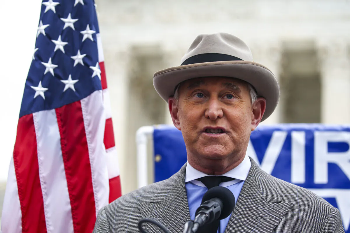 Roger Stone, former adviser to President Donald Trump, speaks in front of the Supreme Court in Washington on Jan. 5, 2021. (Tasos Katopodis/Getty Images)