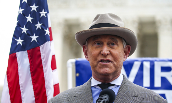 Roger Stone, former advisor to President Donald Trump, speaks in front of the Supreme Court in Washington on Jan. 5, 2021. (Tasos Katopodis/Getty Images)