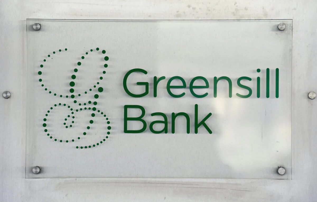 The logo of Greensill Bank is pictured in downtown Bremen, Germany, on July 3, 2019. (Fabian Bimmer/Reuters)