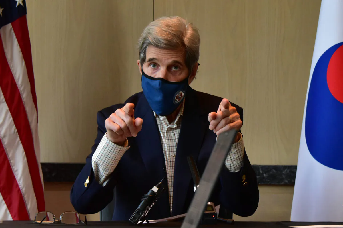 The United States Special Presidential Envoy for Climate John Kerry speaks during a press conference in Seoul, South Korea, on April 18, 2021. (U.S. Embassy Seoul via Getty Images)