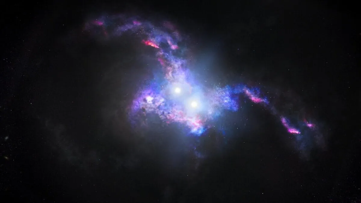 An artist’s illustration of two bright quasars and their host galaxies colliding into each other. (NASA, ESA, and J. Olmsted (STScI))