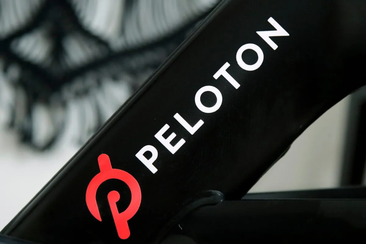 A Peloton logo on the company's stationary bicycle in San Francisco, on Nov. 19, 2019. (Jeff Chiu/AP Photo)