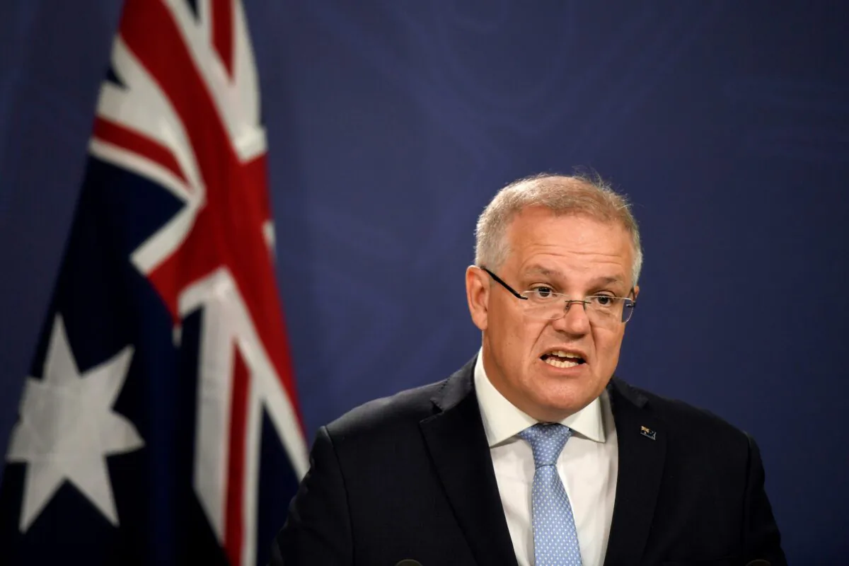 Prime Minister Scott Morrison speaks at a press conference in Sydney, Australia on Jan. 31, 2020. Morrison and NSW Premier Gladys Berejiklian are set to unveil a new multibillion-dollar fund to open up gas for the domestic market and to fund emissions reduction projects. (AAP Image/Bianca De Marchi)