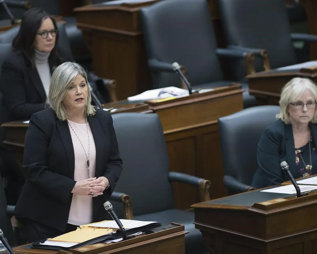 NDP leader Andrea Horwath questions Ontario Premier Doug Ford (not shown) in the legislature at Queen's Park in Toronto on May 12, 2020. (Nathan Denette / The Canadian Press)