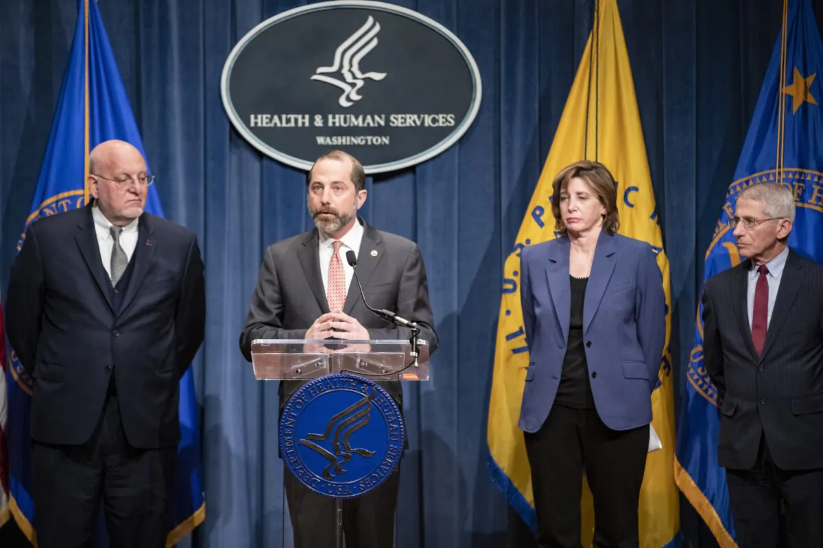Health and Human Services Secretary Alex Azar speaks during a press conference on the coordinated public health response to the CCP virus outbreak on Jan. 28, 2020, in Washington, D.C. With Secretary Alex Azar is (from left to right) Centers for Disease Control and Prevention Director Robert Redfield, National Center for Immunization and Respiratory Diseases Director Nancy Messonnier, and National Institute of Allergy and Infectious Diseases Director Anthony Fauci. (Samuel Corum/Getty Images)