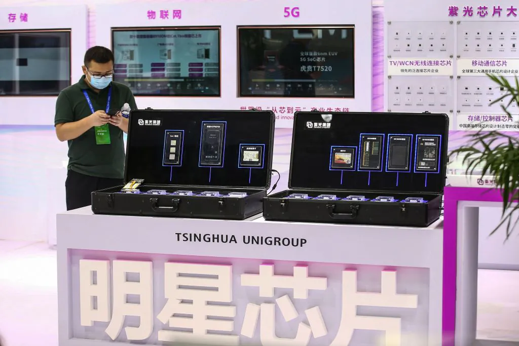 Chips by Tsinghua Unigroup are seen at the 2020 World Semiconductor Conference in Nanjing in China's eastern Jiangsu province on August 26, 2020. (Photo by STR/AFP via Getty Images)