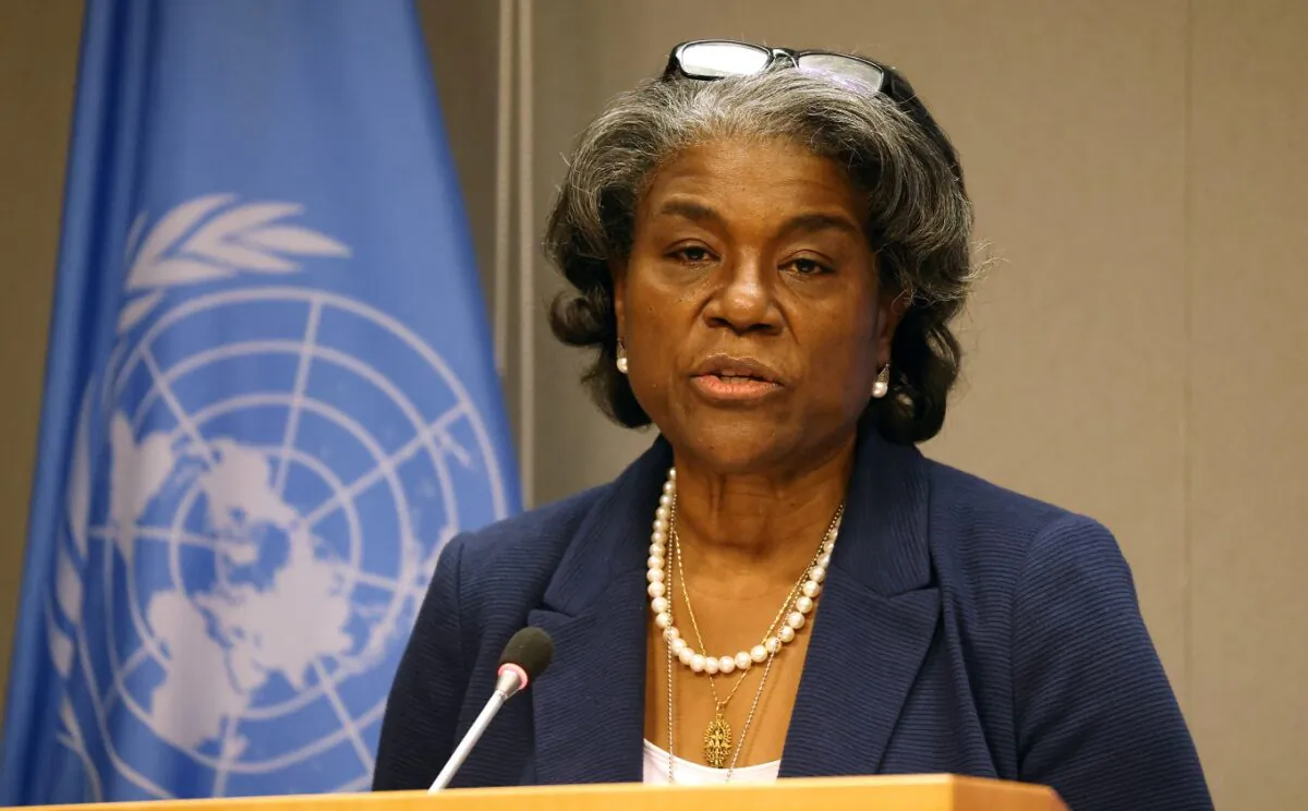 Linda Thomas-Greenfield, the U.S. Ambassador to the United Nations, speaks to the media at a socially distanced briefing in New York City on March 1, 2021. (Spencer Platt/Getty Images)