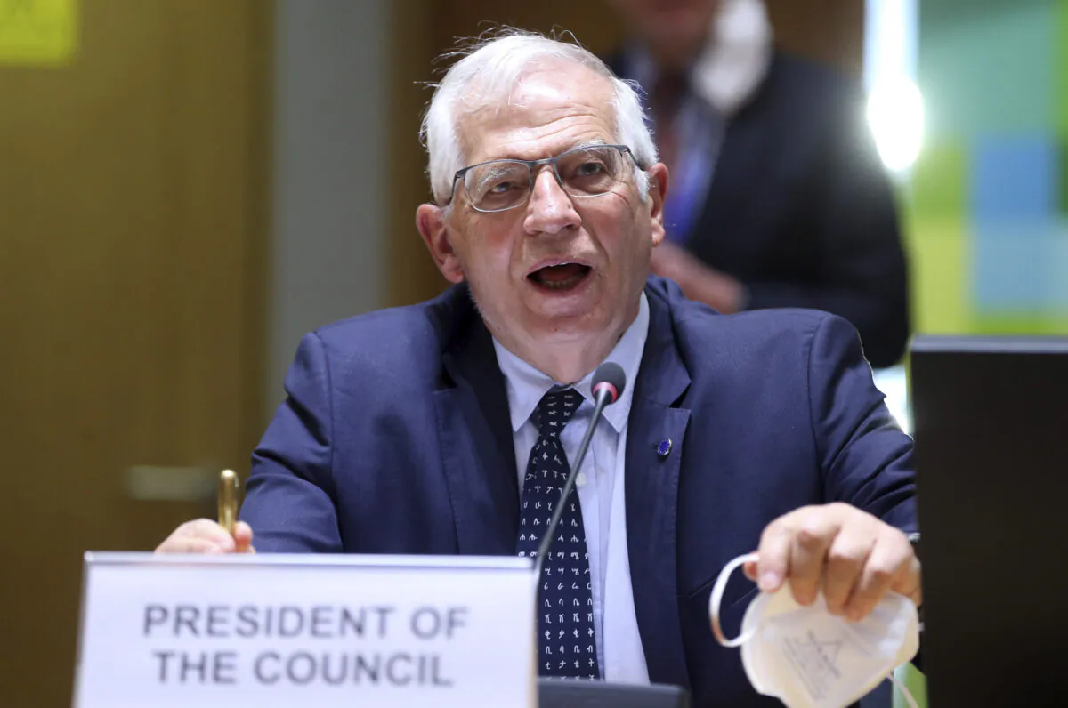 European Union foreign policy chief Josep Borrell speaks as he attends a meeting of EU foreign ministers to discuss the situation in Ukraine, at the European Council building in Brussels, on April 19, 2021. (Francois Walschaerts, Pool via AP)