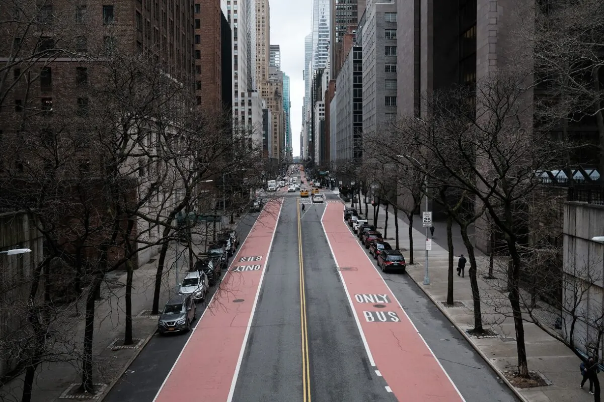 A street stands empty in New York City on March 1, 2021. (Spencer Platt/Getty Images)
