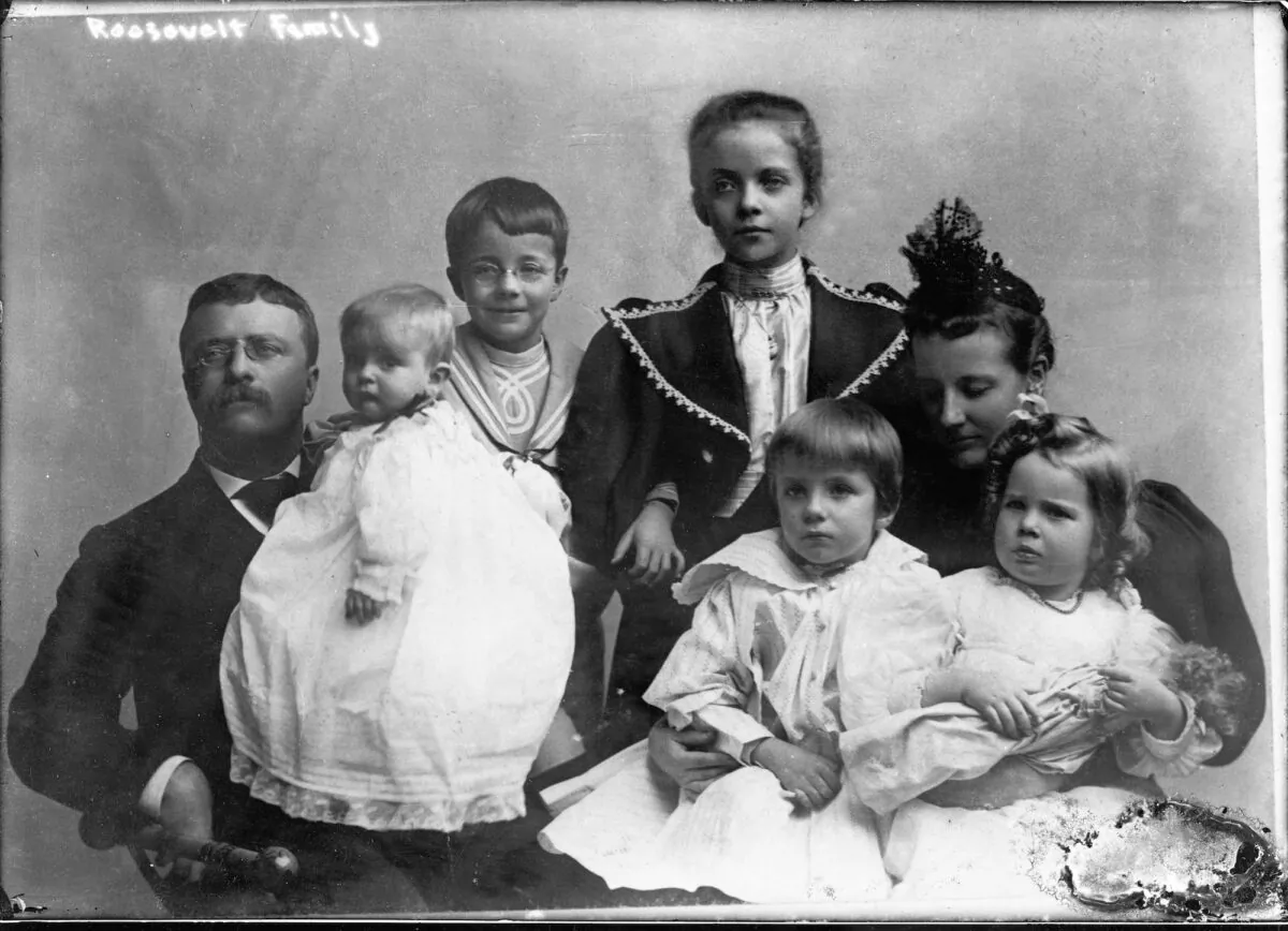 A portrait of President Theodore Roosevelt (1858–1919) with his second wife, Edith Carow Roosevelt and his first five children, mid-1890s. (FPG/Getty Images)
