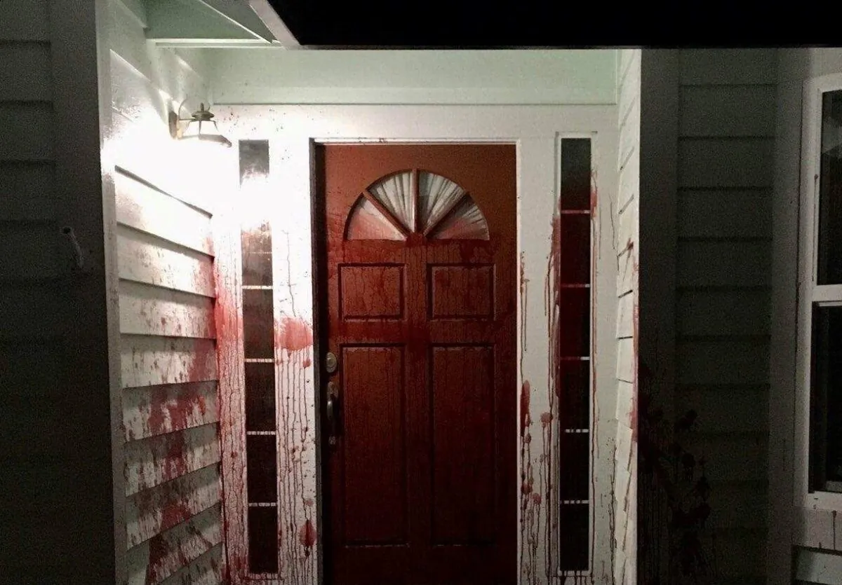 Blood is splattered on the front door of the former residence of retired police officer Barry Brodd in Santa Rosa, Calif., on April 17, 2021. (Santa Rosa Police Department)
