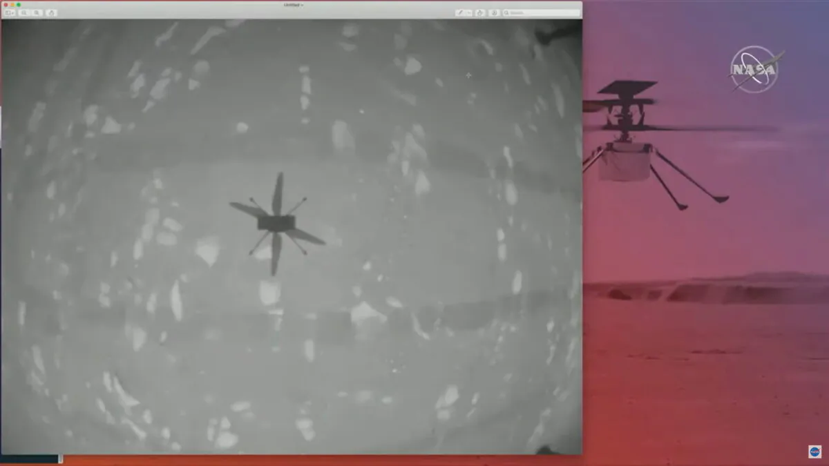 The shadow of NASA's Mars helicopter Ingenuity is seen during its first flight on the planet in this still image taken from a video on April 19, 2021. (NASA/JPL-Caltech/ASU/Handout via Reuters)