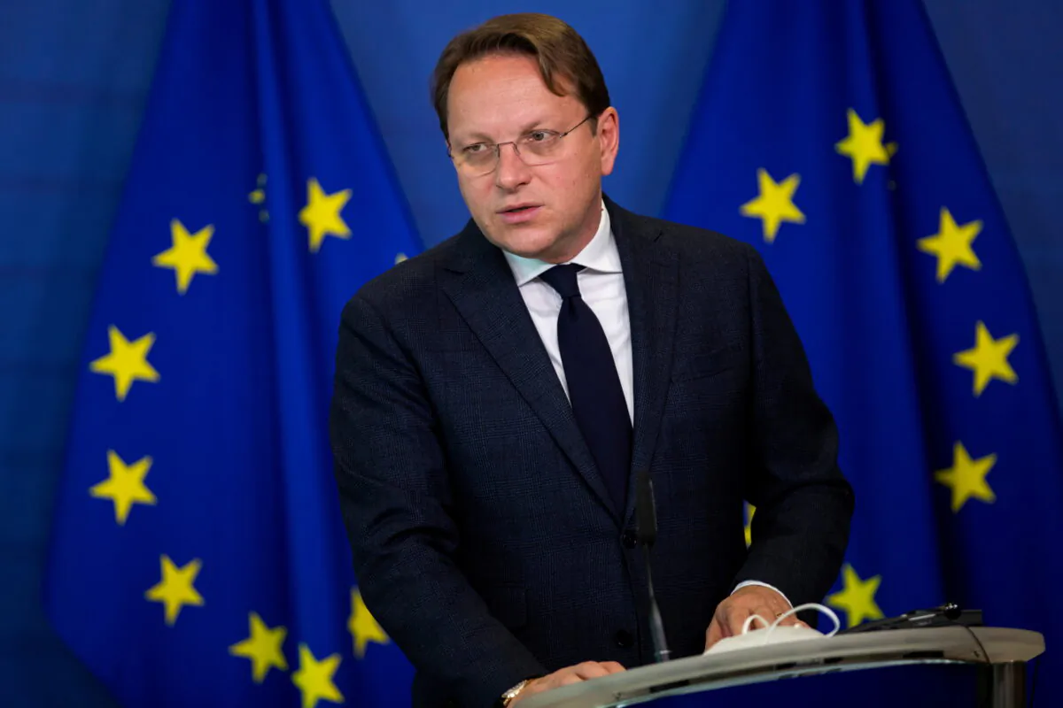 European Commissioner for Neighborhood and Enlargement Oliver Varhelyi speaks during an online news conference at the European Commission headquarters in Brussels, Belgium, on April 20, 2021. (Francisco Seco/Pool via Reuters)