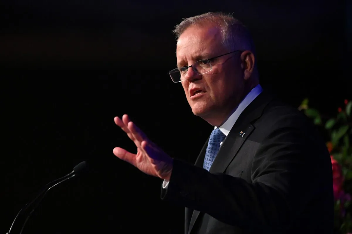 Prime Minister Scott Morrison addresses the Business Council of Australia dinner at the Fullerton Hotel, in Sydney, Australia on Apr. 19, 2021. (AAP Image/Joel Carrett)