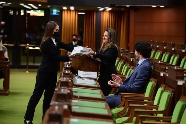Finance Minister Chrystia Freeland, centre, tables the federal budget in the House of Commons in Ottawa on April 19, 2021. (Sean Kilpatrick/The Canadian Press)