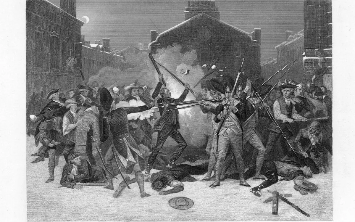Engraving of the Boston Massacre, where British Army soldiers killed five civilian men and injured six others after firing into the crowd, without orders, in Boston, Mass., on March 5, 1770. (Kean Collection/Archive Photos/Getty Images)