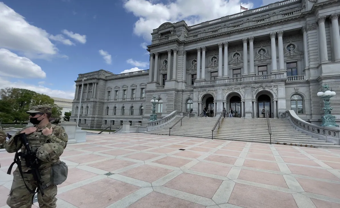 A member of the National Guard stands outside the Library of Congress in Washington on April 17, 2021. (Daniel Slim/AFP via Getty Images)