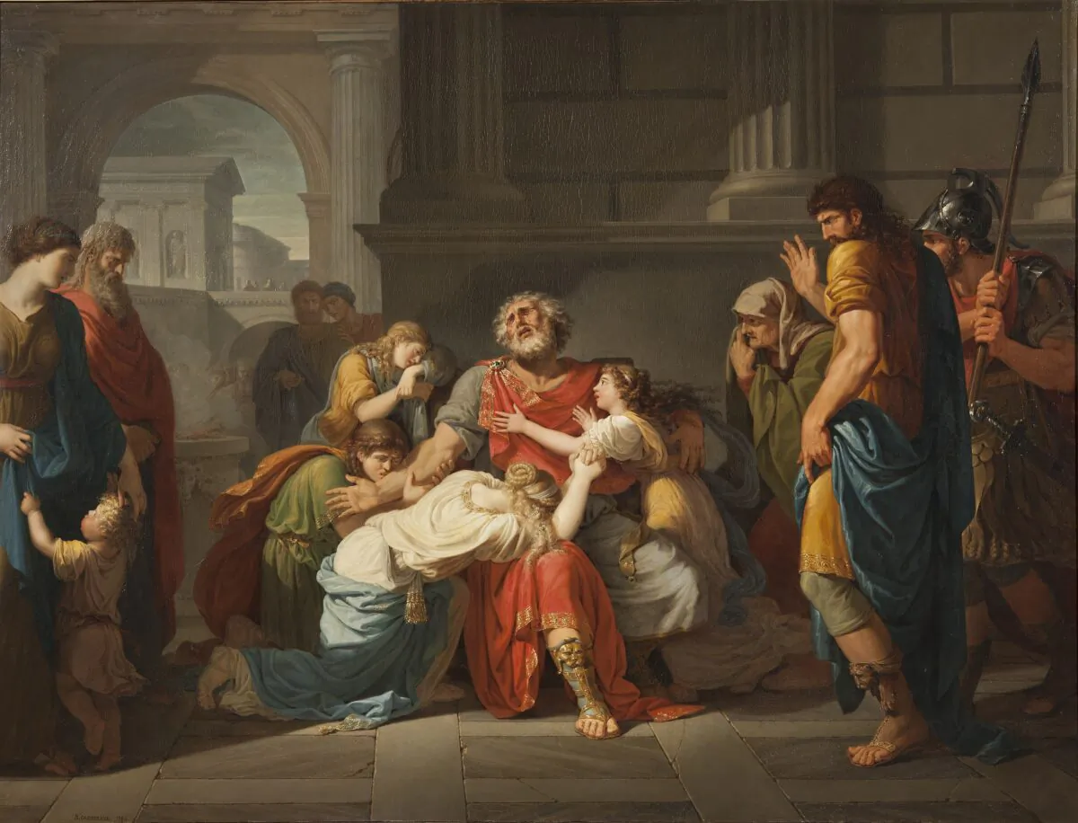 Oedipus chooses his fate of blindness. “Blind Oedipus Commending his Children to the Gods,” 1784, by Bénigne Gagneraux. National Museum, Stockholm. (Public Domain)