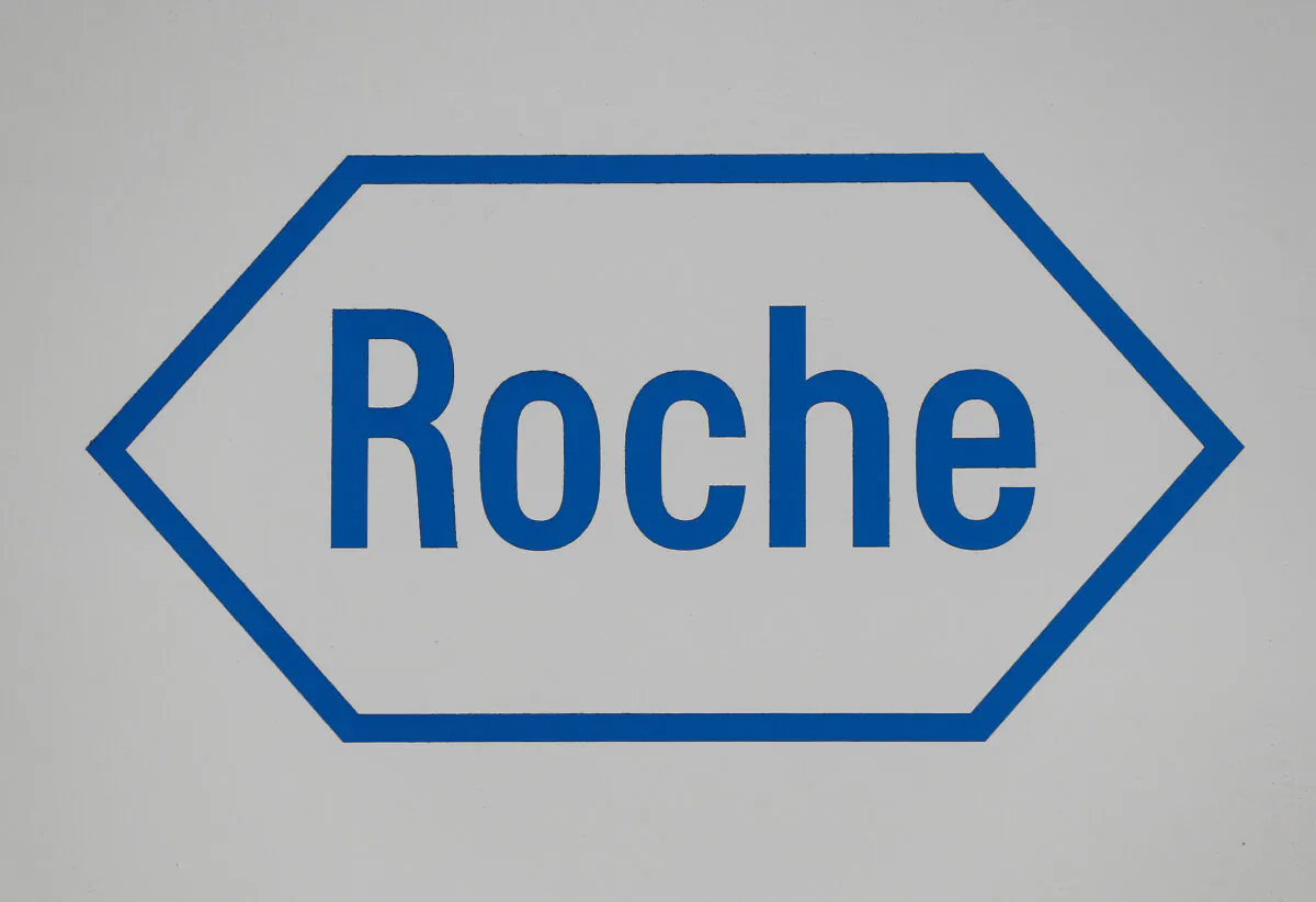 A sign at a diagnostics site for Swiss pharmaceutical giant Roche is seen, in Burgess Hill, Britain, on Oct. 7, 2020. (Peter Nicholls/Reuters)
