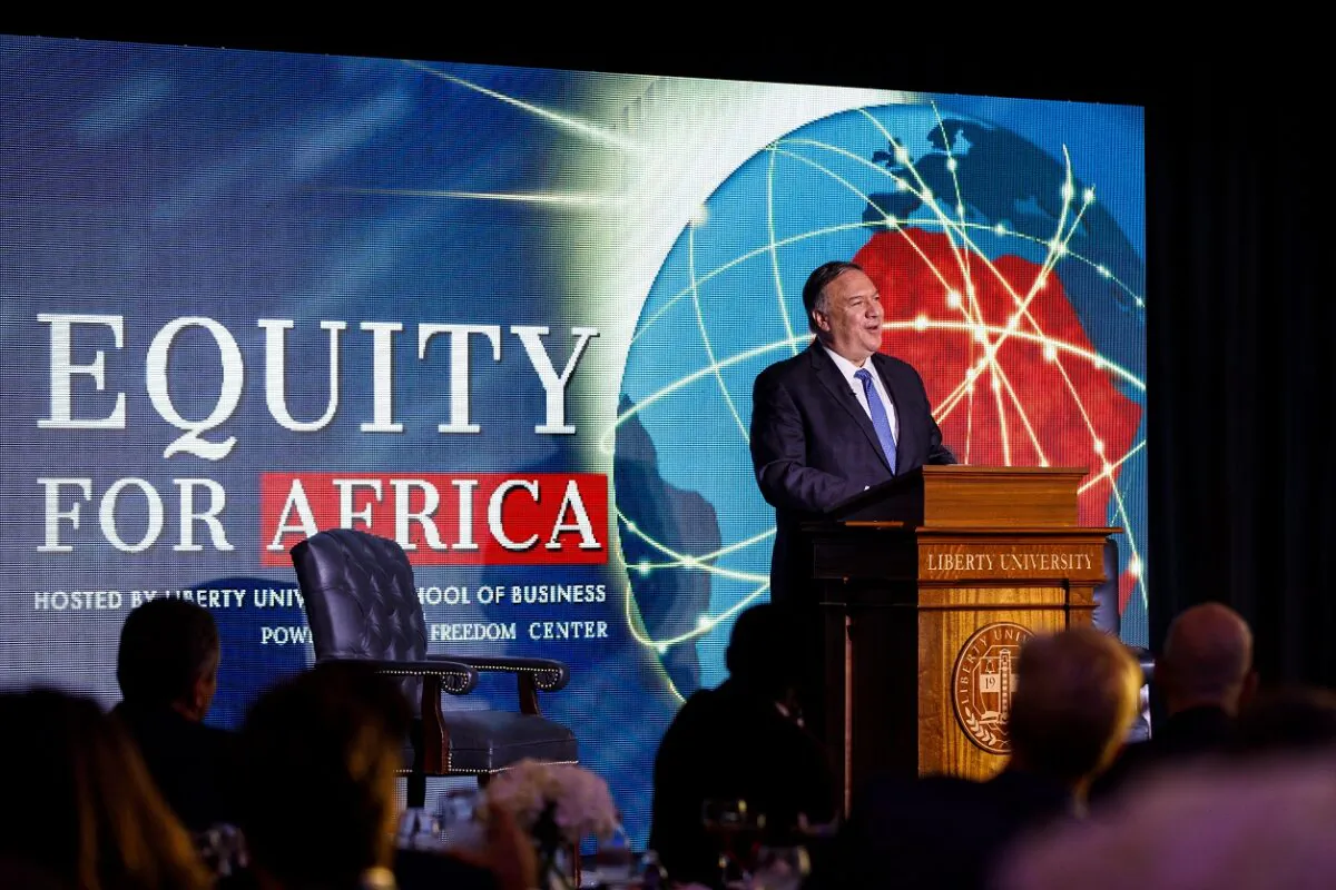 Former Secretary of State Mike Pompeo speaks at the Equity for Africa Summit in the Montview Ballroom at Liberty University in Lynchburg, Va., on April 13, 2021. (Chase Gyles)