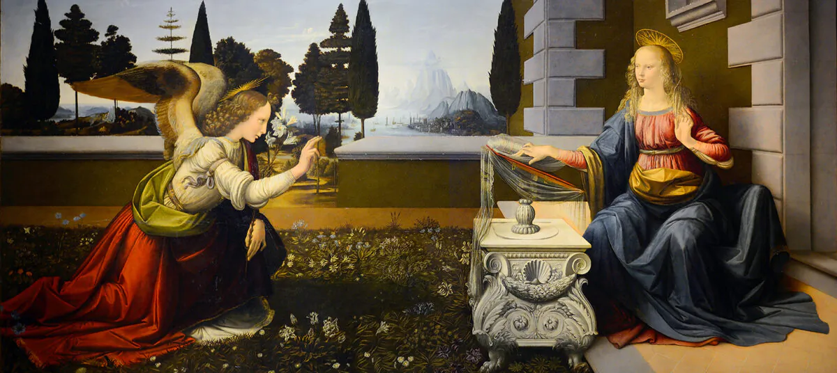 Detail from "The Annunciation" c. 1472-1475 by Leonardo da Vinci. Oil and tempera on panel. The Uffizi Gallery, Florence