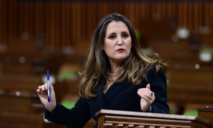 Finance Minister Chrystia Freeland responds to questions from MPs after she delivered the federal budget in the House of Commons on April 19, 2021. (The Canadian Press/Sean Kilpatrick)