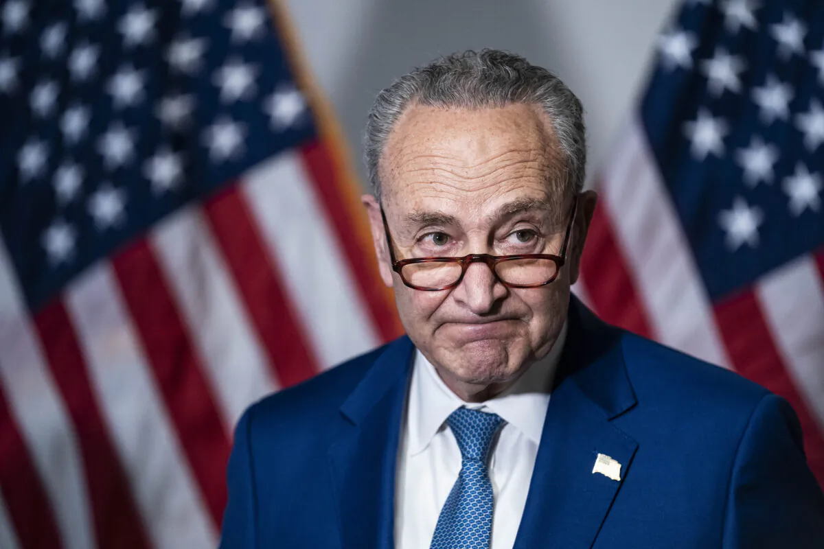 Senate Majority Leader Chuck Schumer (D-N.Y.) speaks during a news conference following the weekly Democrat policy luncheon on Capitol Hill on April 20, 2021. The Democratic Senator spoke about the COVID-19 Hate Crimes Act. (Sarah Silbiger/Getty Images)