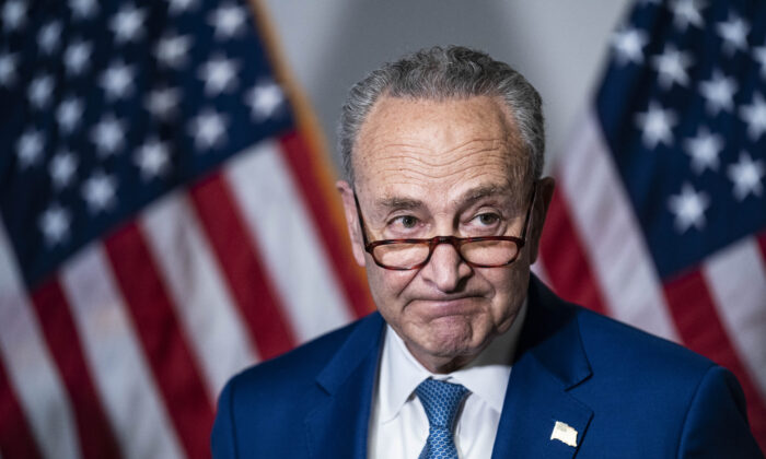 Senate Majority Leader Chuck Schumer (D-N.Y.) speaks during a news conference following the weekly Democrat policy luncheon on Capitol Hill on April 20, 2021. The Democratic Senator spoke about the COVID-19 Hate Crimes Act. (Sarah Silbiger/Getty Images)