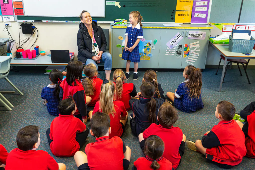 Grade one students enjoy returning to the classroom at Lysterfield Primary School on Oct. 12, 2020, in Melbourne, Australia. (Daniel Pockett/Getty Images)