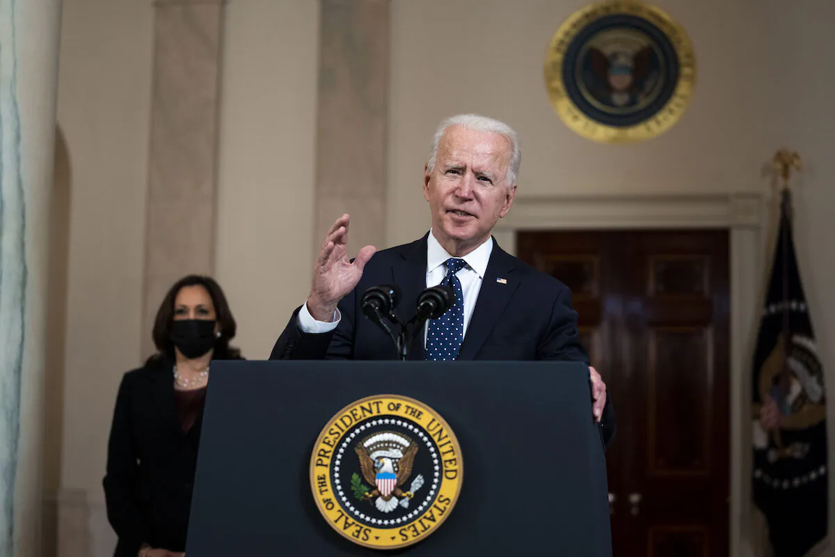 President Joe Biden  with Vice President Kamala Harris looking on makes remarks about the Derek Chauvin Trial, at the White House, Tuesday April, 20, 2021. (Doug Mills/Pool/Getty Images)