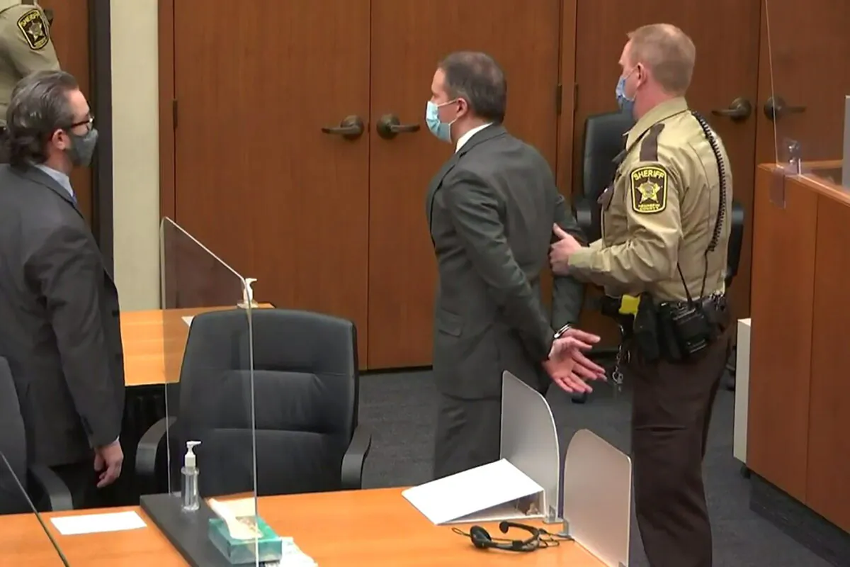In a still image from video, former Minneapolis police officer Derek Chauvin is led away in handcuffs after a jury found him guilty of all charges in his trial for second-degree murder, third-degree murder and second-degree manslaughter in the death of George Floyd in Minneapolis, Minn., on April 20, 2021. (Pool via Reuters)