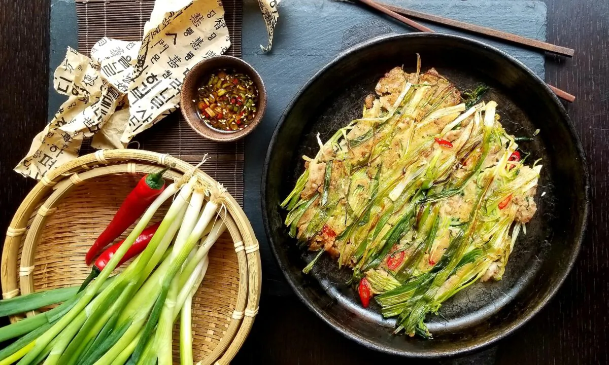 Pork complements the scallions perfectly in this pajeon, but feel free to use any other protein of your choice, or none to make it vegetarian. (Courtesy of Judy Joo)