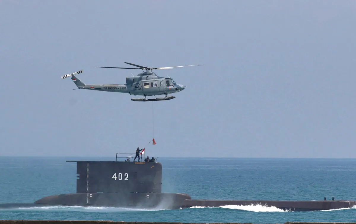 The Indonesian Navy submarine KRI Nanggala takes part in a drill off Cilegon, Indonesia, on Oct. 3, 2017. (AP Photo)
