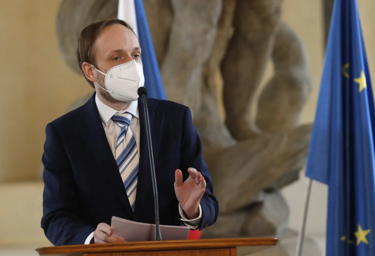 Czech Republic's newly appointed Foreign Minister Jakub Kulhanek addresses the media at the Cernin's Palace in Prague, Czech Republic, on April 21, 2021. (Petr David Josek/AP Photo)
