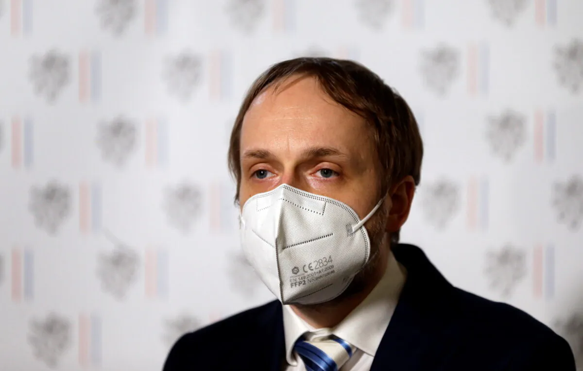 Newly appointed Czech Foreign Minister Jakub Kulhanek speaks during a news conference after meeting with Russian ambassador in Prague, Czech Republic, April 21, 2021. (Reuters/David W Cerny)
