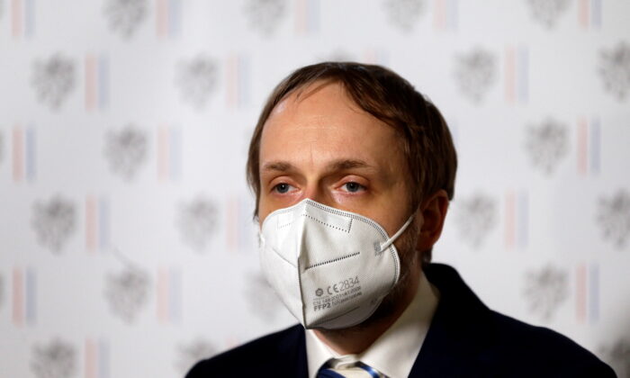 Newly appointed Czech Foreign Minister Jakub Kulhanek speaks during a news conference after meeting with Russian ambassador in Prague, Czech Republic, April 21, 2021.  (Reuters/David W Cerny)