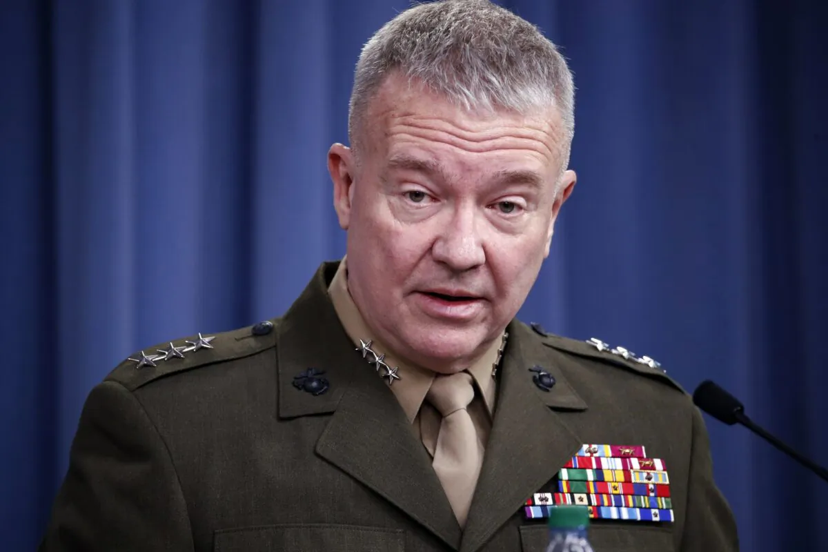 Then-Marine Lt. Gen. Kenneth "Frank" McKenzie speaks during a media availability at the Pentagon in Washington on April 14, 2018. (Alex Brandon/AP Photo)