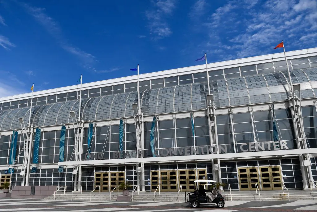 A golf cart drives past an entrance to the Long Beach Convention Center on April 7, 2021 in Long Beach, Calif. (Patrick T. Fallon/AFP via Getty Images)