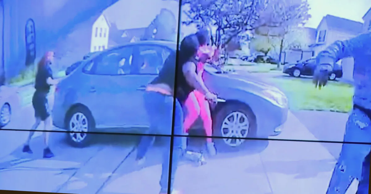 In an image from police bodycam video that the Columbus Police Department played during a news conference, Ma’Khia Bryant wields a knife while attacking another girl before being shot by a police officer, in Columbus, Ohio, on April 20, 2021. (Columbus Police Department via WSYX-TV via AP)