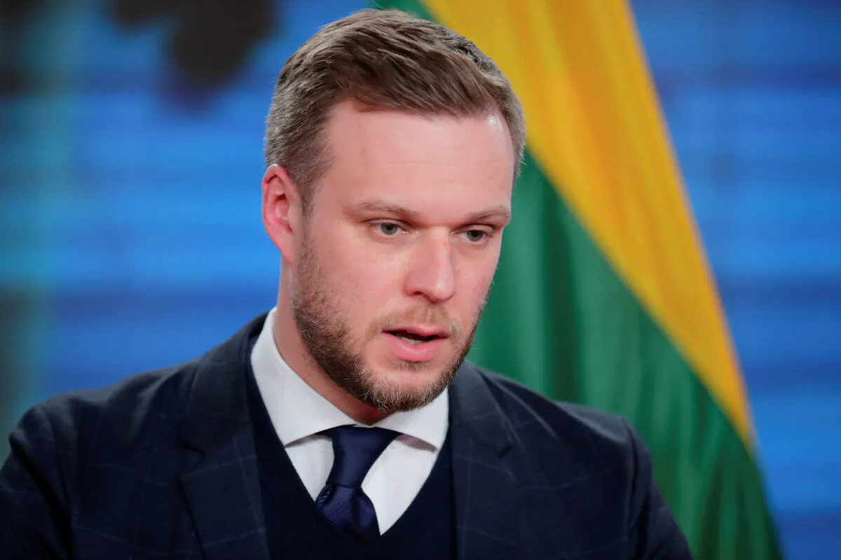 Lithuanian Foreign Minister Gabrielius Landsbergis looks on during a joint news conference with his German counterpart Heiko Maas, in Berlin, Germany, on March 17, 2021. (Hannibal Hanschke/Pool/Reuters)