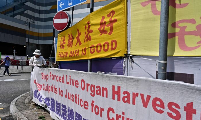 A woman adjusts banners in support of the Falun Gong spiritual movement, a group banned in mainland China, in Tung Chung, an area popular with tourists from the mainland, in Hong Kong on April 25, 2019. (Anthony Wallace/AFP via Getty Images)