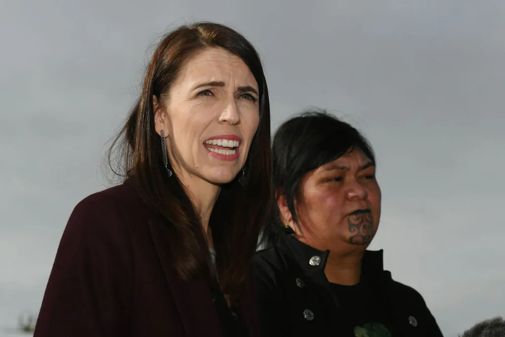 NZ Prime Minister Jacinda Ardern speaks to media with Minister Nanaia Mahuta in Hastings, New Zealand on July 08, 2020 (Kerry Marshall/Getty Images)