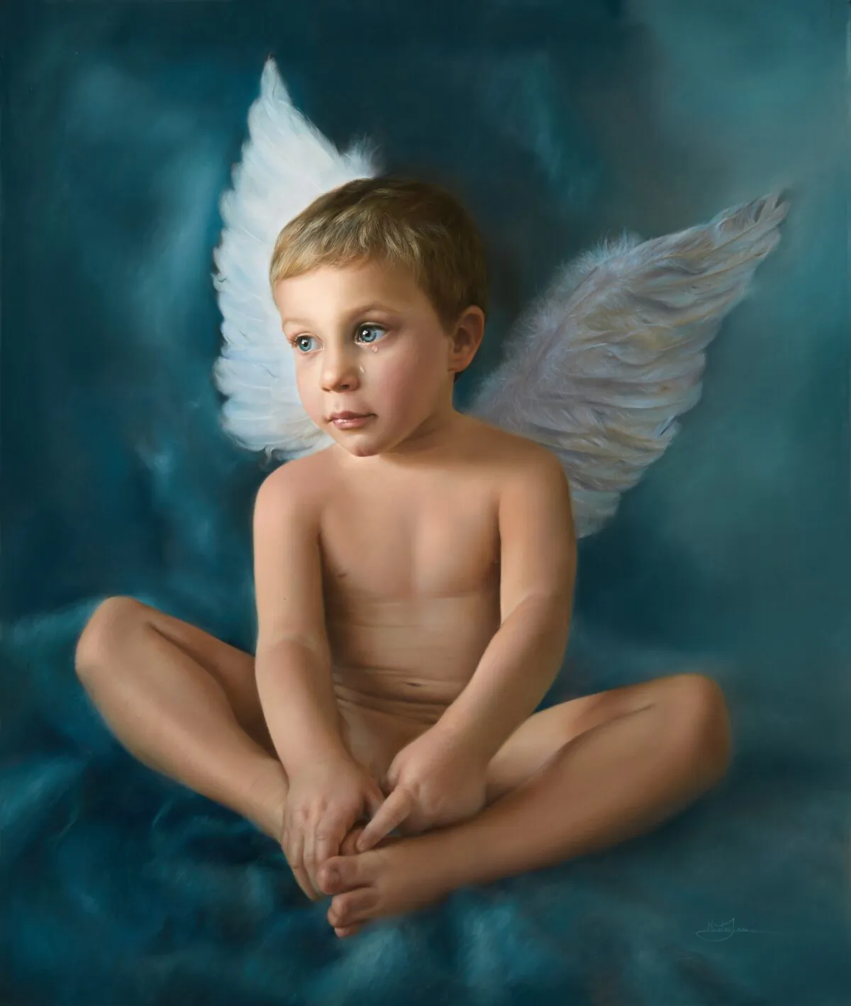 A detail of the painting, "Heaven Cries," 2017, by Montse Jara. Pastel on paper glued to board; 30.7 inches by 25.9 inches. (Courtesy of Montse Jara)