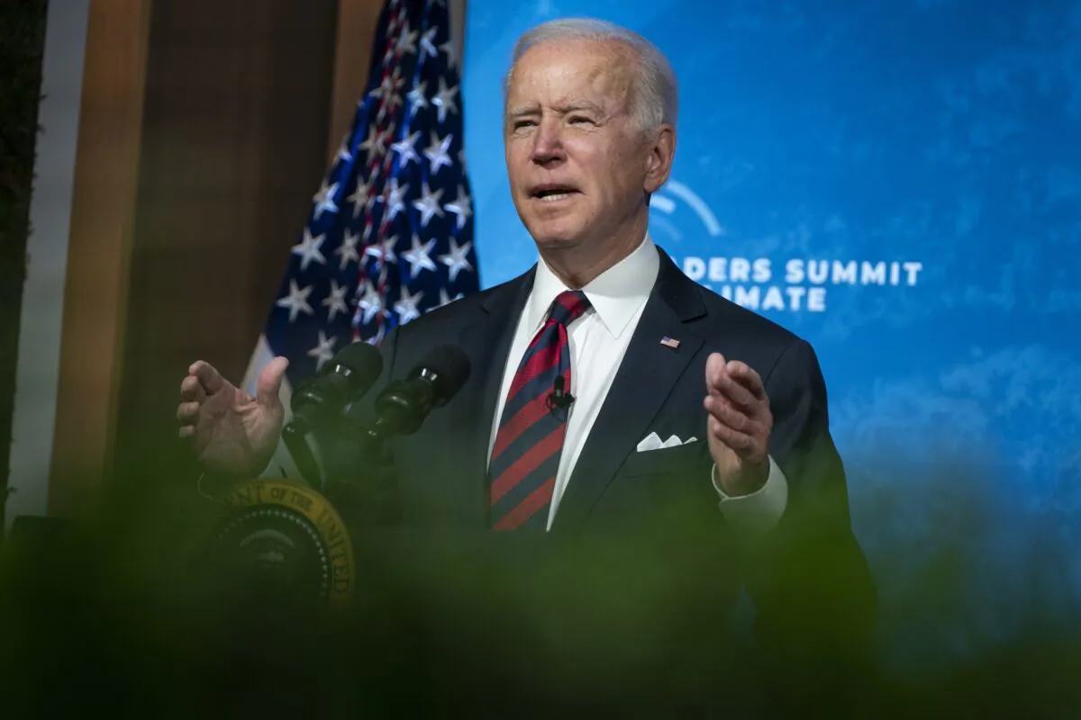 President Joe Biden speaks to the virtual Leaders Summit on Climate, from the East Room of the White House in Washington on April 22, 2021. (Evan Vucci/AP Photo)