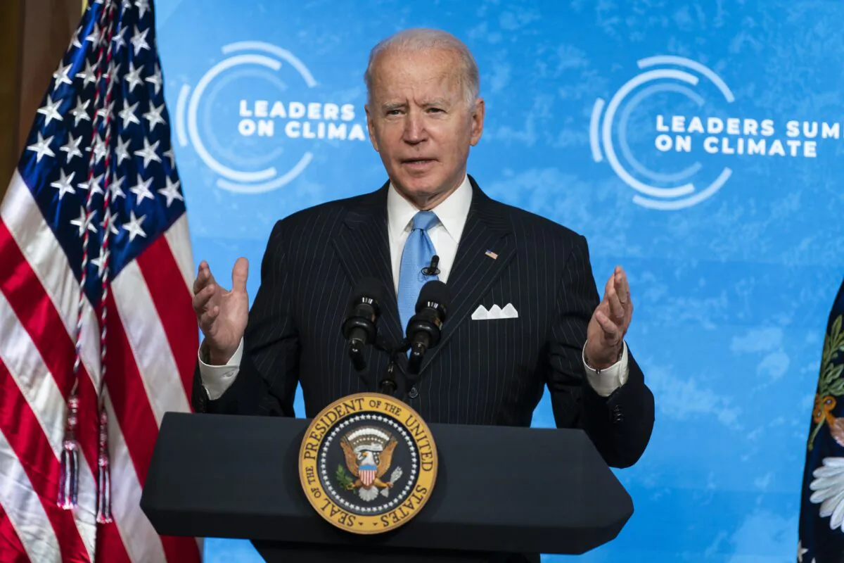 President Joe Biden speaks to the virtual Leaders Summit on Climate, from the East Room of the White House in Washington on April 23, 2021. (Evan Vucci/AP Photo)