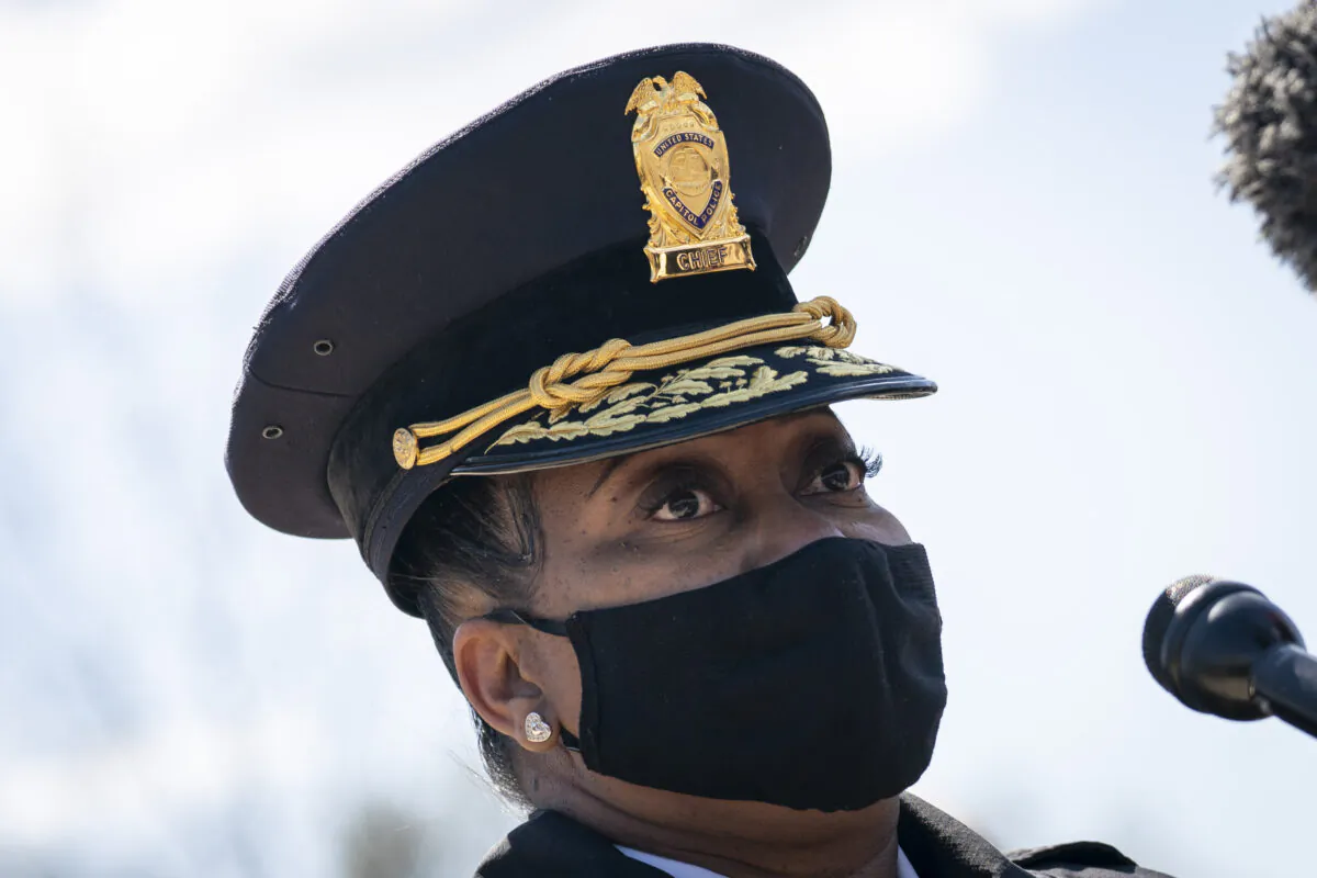 Acting Capitol Police Chief Yogananda Pittman speaks during a press briefing in Washington on April 2, 2021. (Drew Angerer/Getty Images)