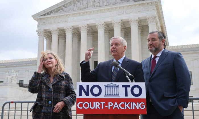 Senate Judiciary Committee members Sen. Marcia Blackburn (R-TN), Sen. Lindsey Graham (R-SC) and Sen. Ted Cruz (R-TX) hold a news conference to voice their opposition to adding justices to the U.S. Supreme Court outside the court's building in Washington, on April 22, 2021. (Chip Somodevilla/Getty Images)