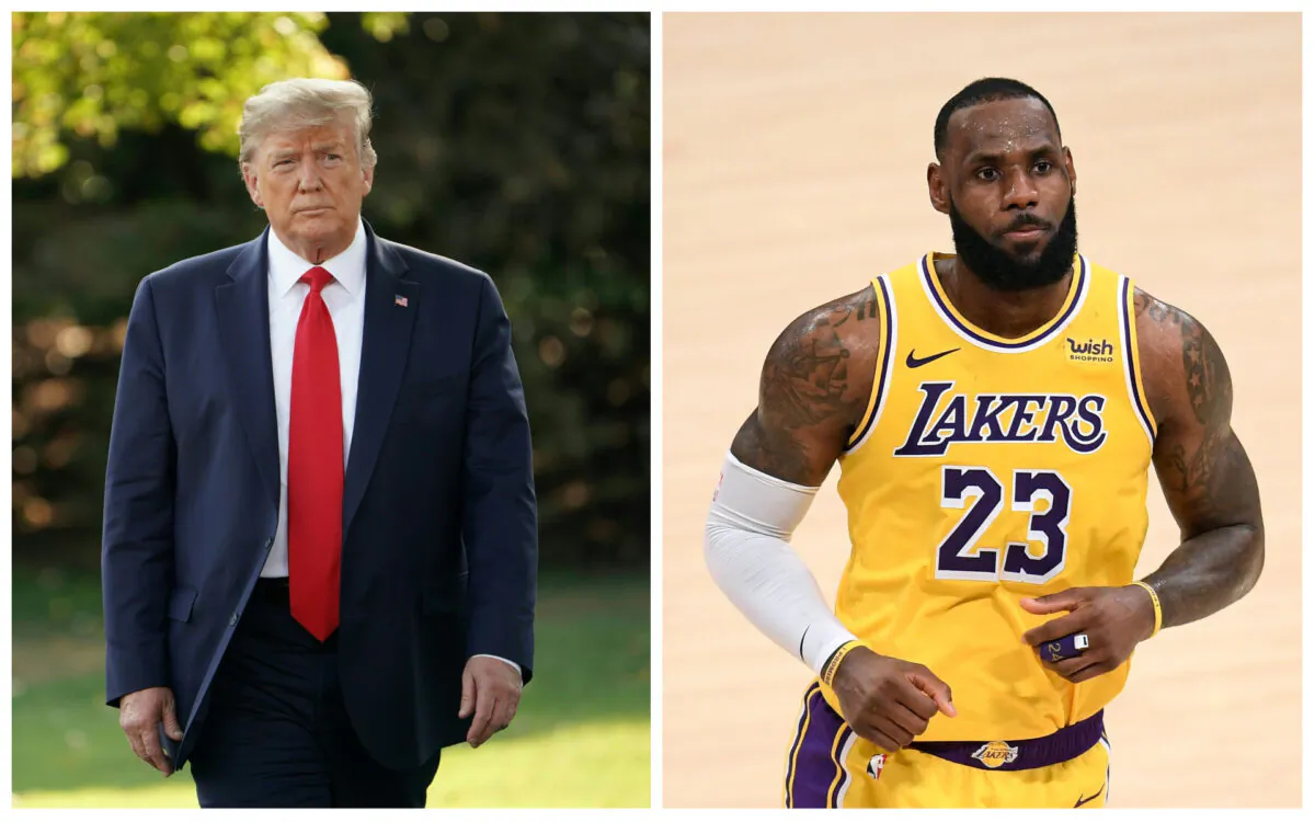 L: Then-President Donald Trump in D.C. on Sept. 16, 2019. (Mandel Ngan/Getty Images) R: LeBron James in Los Angeles, Calif., on Feb. 6, 2021. (Harry How/NBAE via Getty Images)