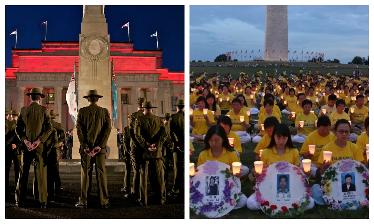 L: Australians and New Zealanders commemorate their fellow countrymen who died at war at the Auckland War Memorial Museum on April 25, 2021. (Auckland War Memorial Museum-Tamaki Paenga Hira) and R: Falun Gong practitioners honor the thousands who have died in the Chinese regime's persecution of the peaceful meditation practice in Washington, D.C. (Lisa Fan/The Epoch Times)